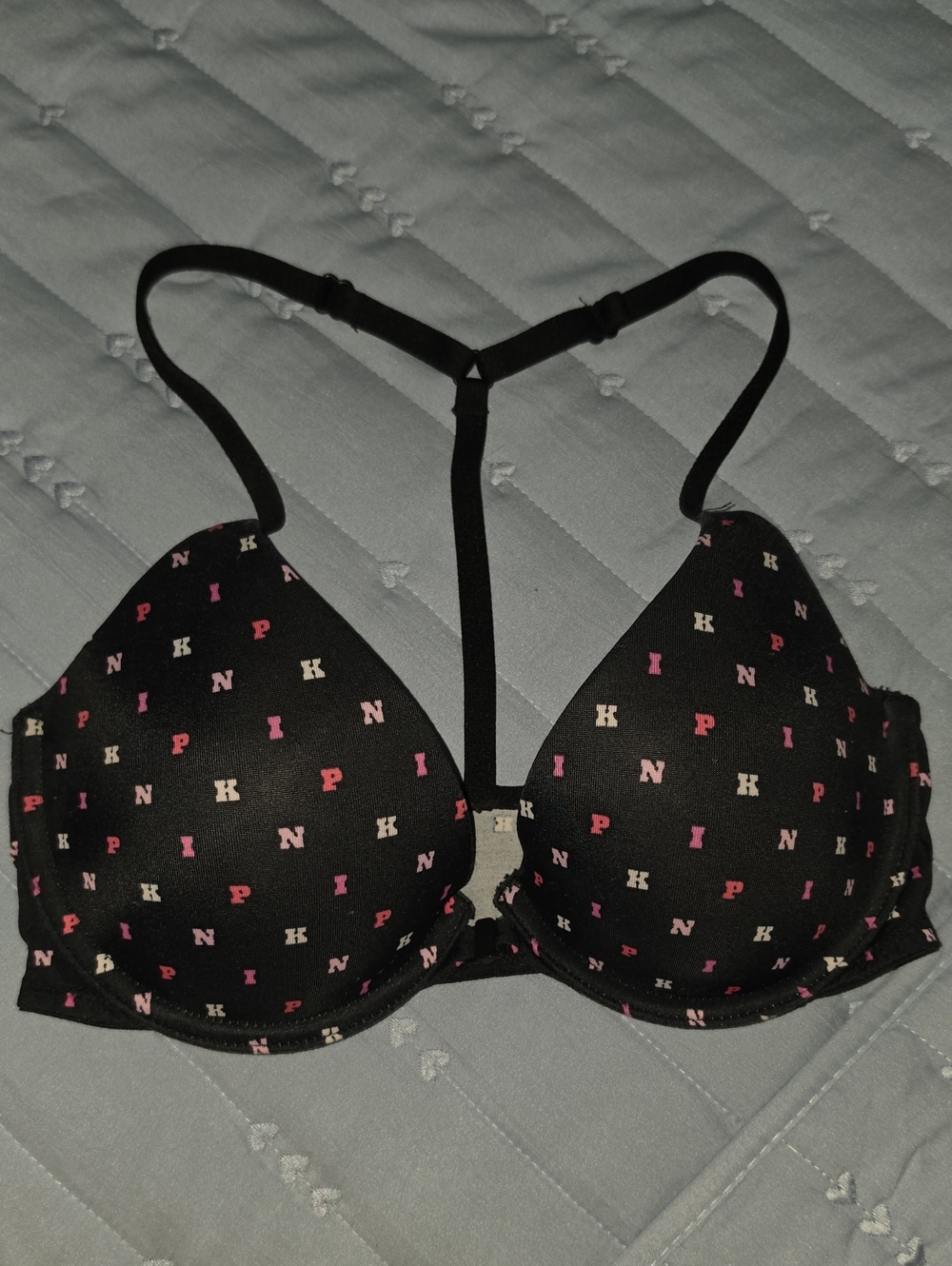 PINK Victoria's Secret Black T-Back Push-Up Bra with Pink & Cream Logo Print